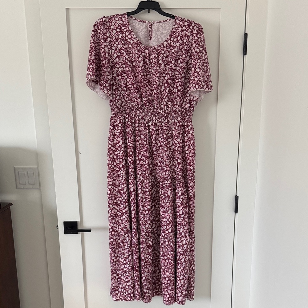Floral Smocked Waist Midi Dress in Burgundy